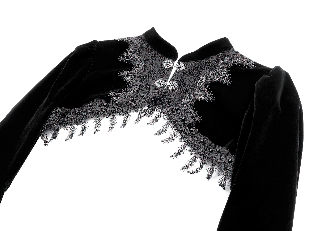 Gothic Victorian Black Velvet Bell Sleeve Bolero Jacket, black velvet lace-trimmed cropped shrug with dramatic bell sleeves