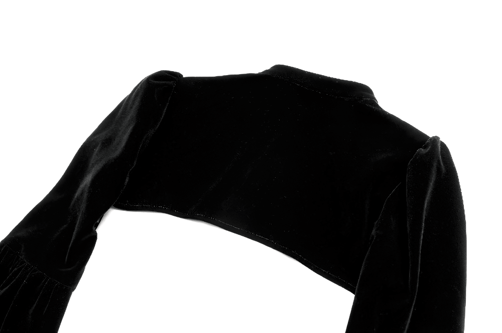 Gothic Victorian Black Velvet Bell Sleeve Bolero Jacket with lace trim, cropped silhouette and dramatic bell cuffs