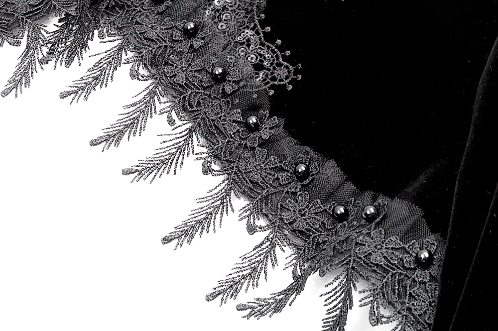 Gothic Victorian Black Velvet Bell Sleeve Bolero Jacket with lace trim, silver clasps, and dramatic dark romantic details