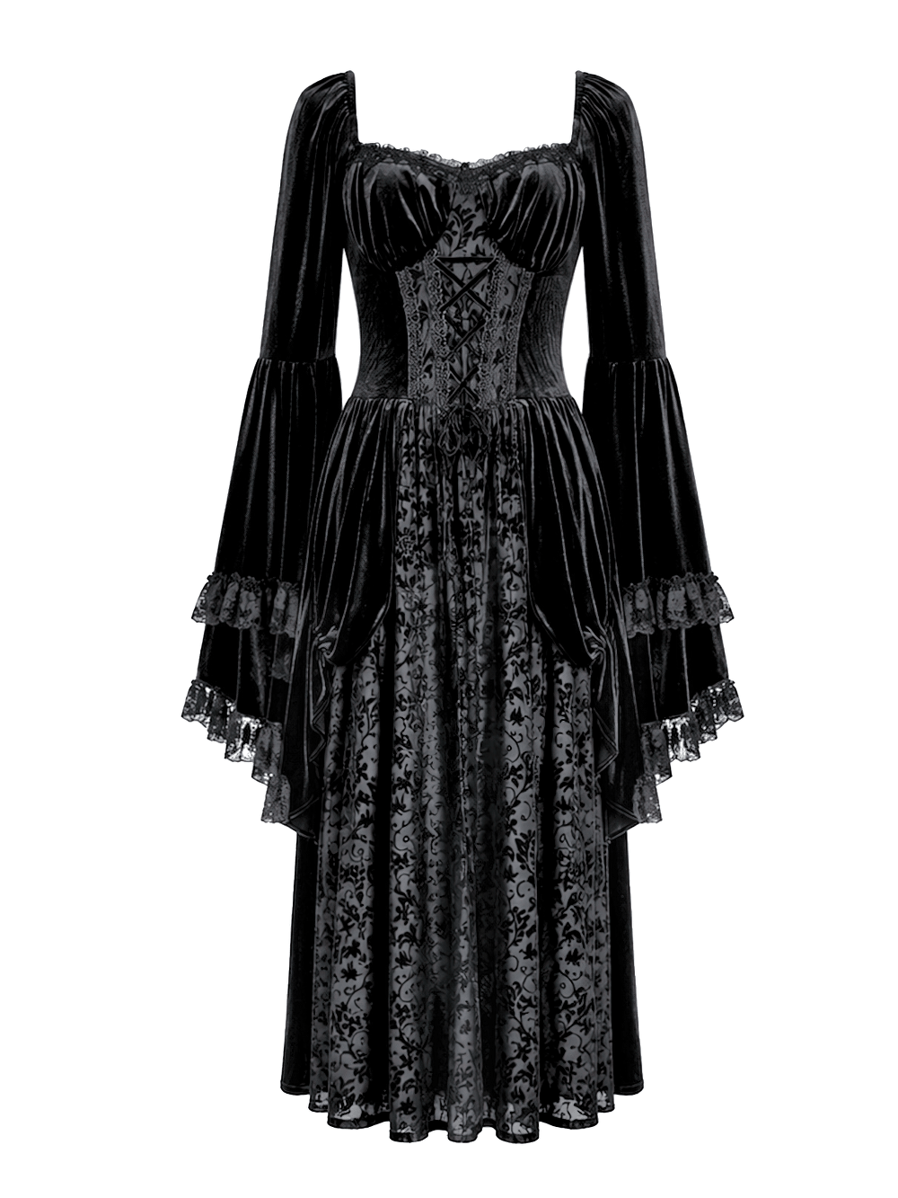 Gothic Victorian Black Velvet Bell Sleeve Midi Dress with corset lace-up front, sheer floral panel, and ruffled bell sleeves