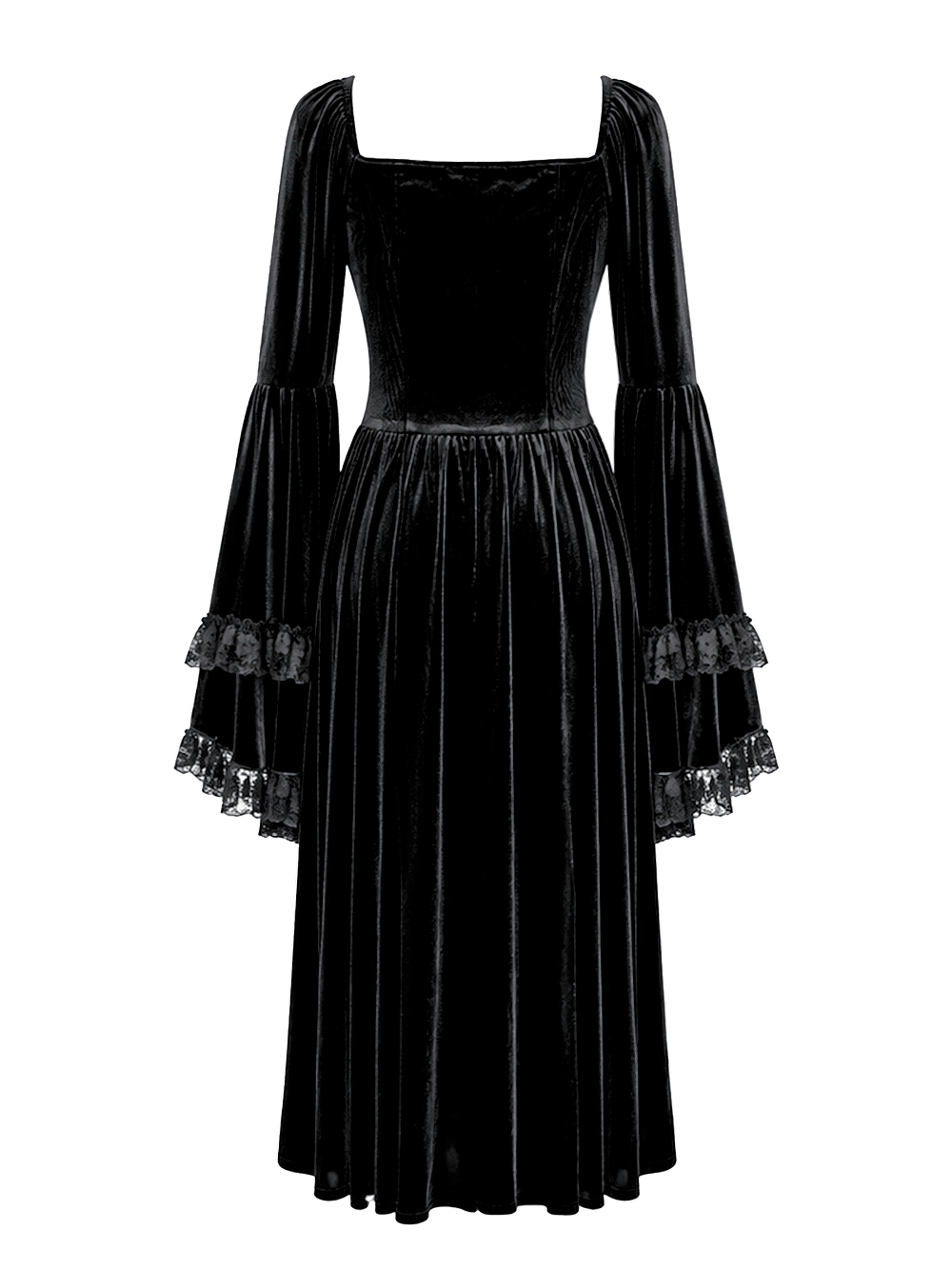 Gothic Victorian Black Velvet Bell Sleeve Midi Dress, dark romantic black velvet gown with lace ruffle bell sleeves