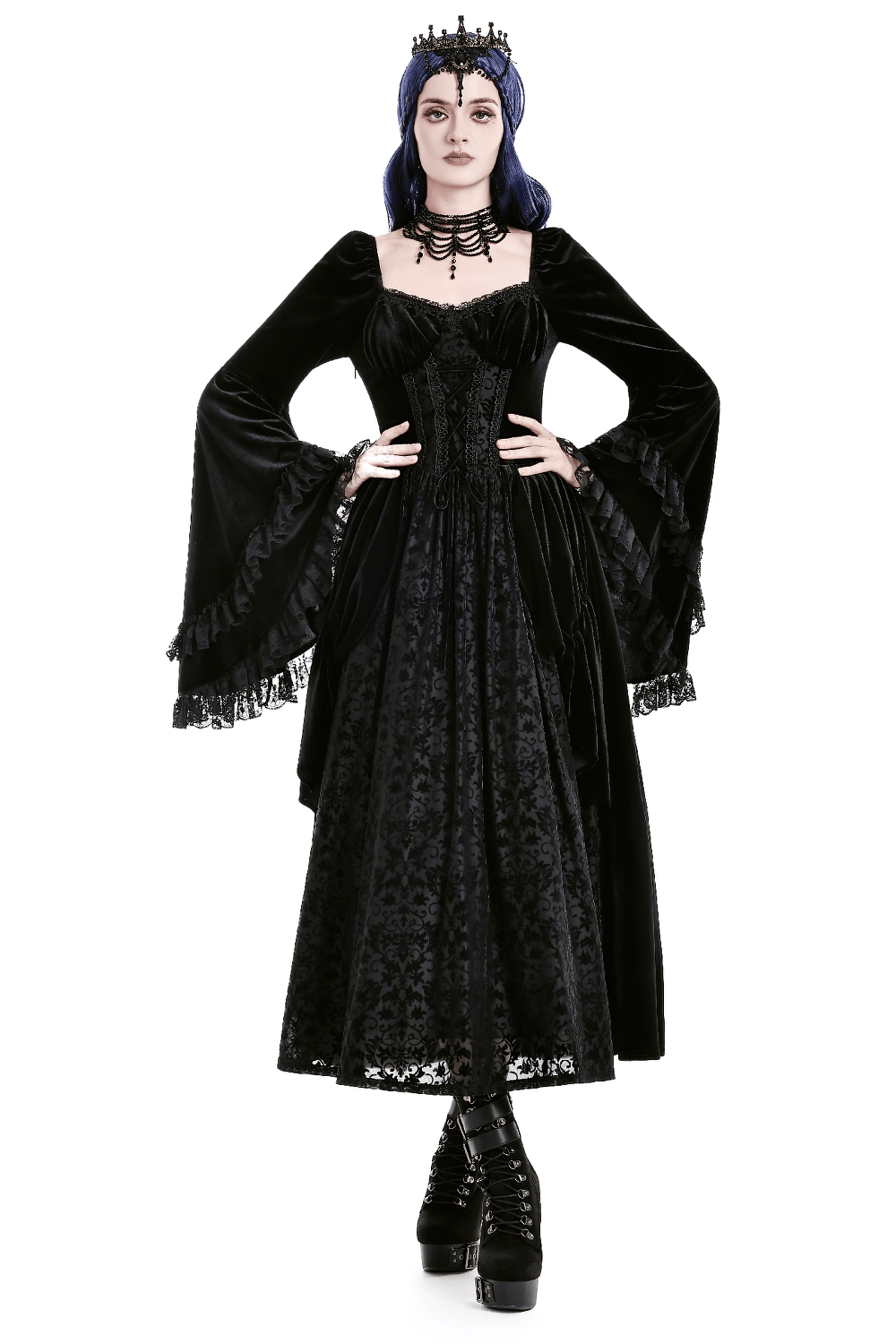 Gothic Victorian Black Velvet Bell Sleeve Midi Dress with corset lace-up front, sheer panel, and dramatic lace ruffle sleeves