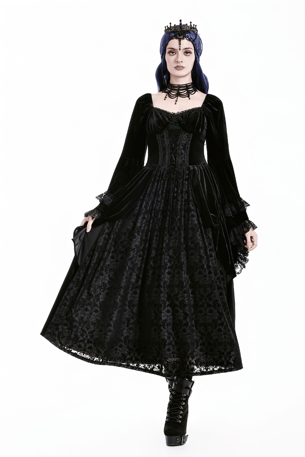 Gothic Victorian Black Velvet Bell Sleeve Midi Dress with corset lace front and dramatic flowing skirt
