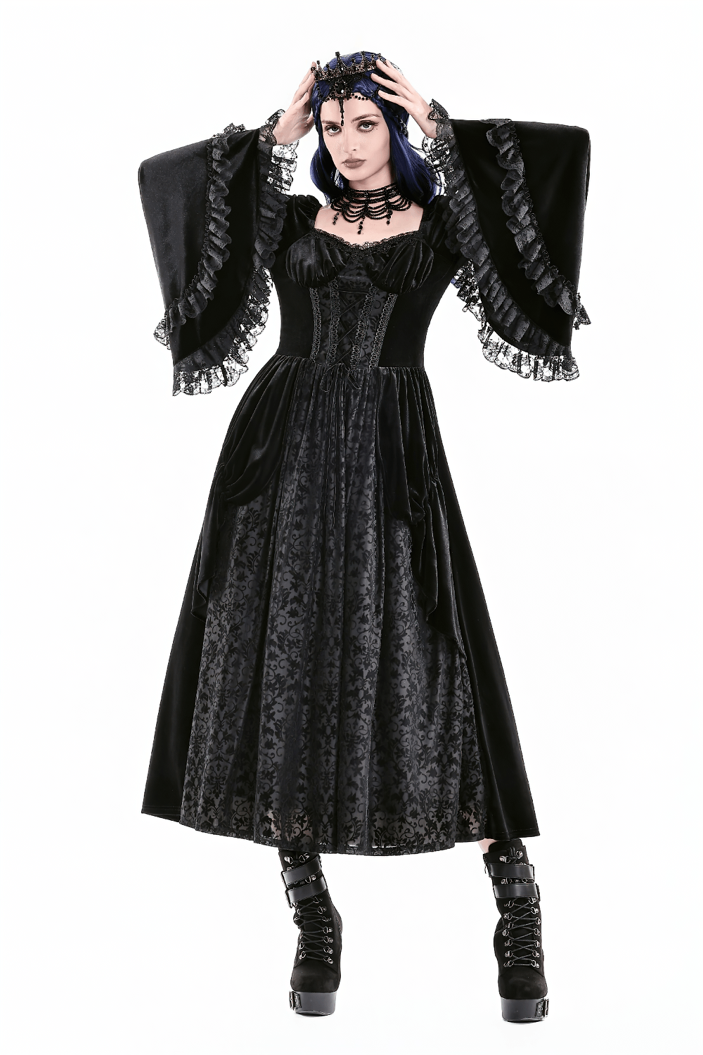 Gothic Victorian Black Velvet Bell Sleeve Midi Dress, dark romantic corset lace brocade gown with ruffled bell sleeves