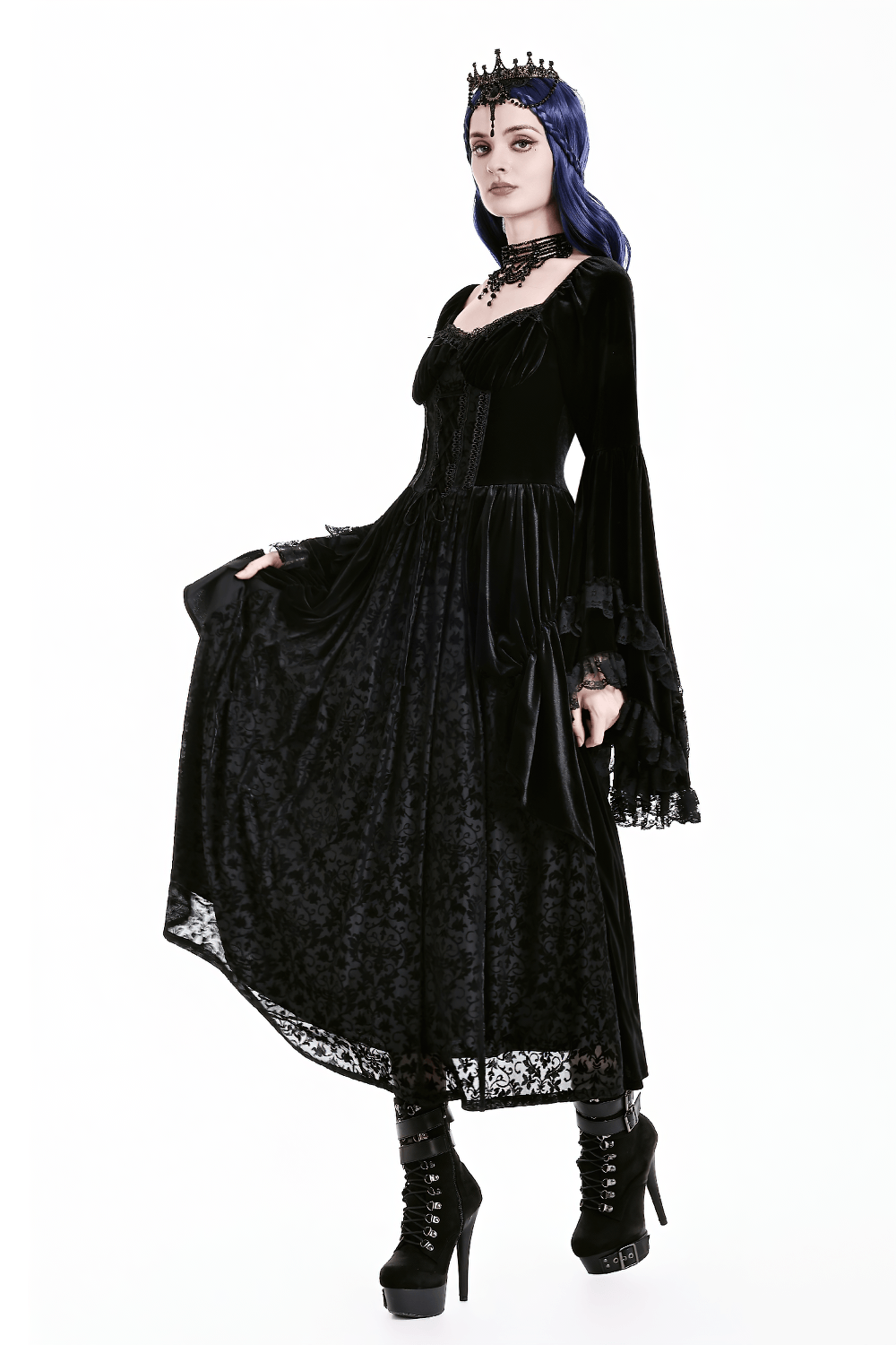 Gothic Victorian Black Velvet Bell Sleeve Midi Dress with corset lace-up front, sheer floral panel and dramatic bell sleeves