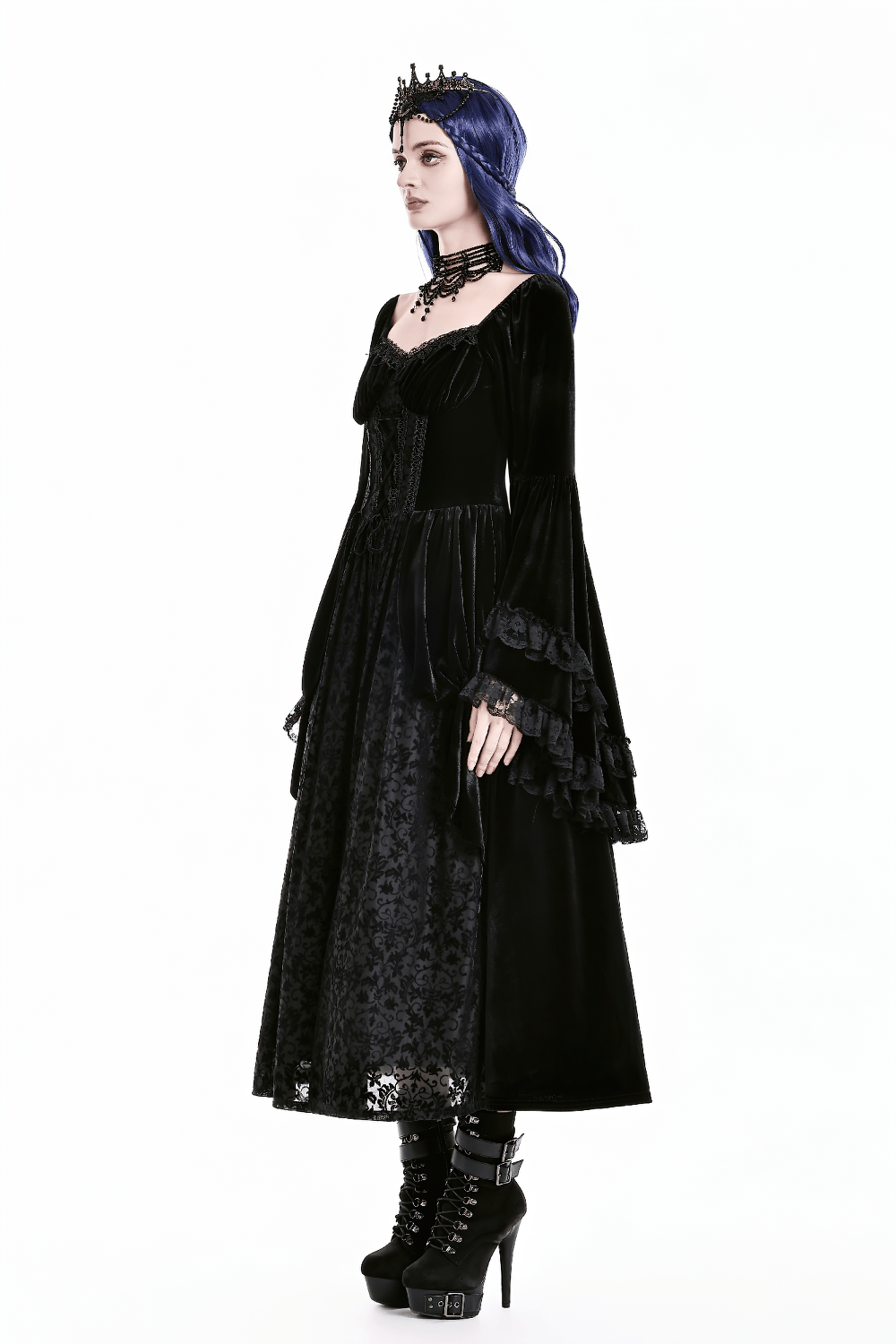 Gothic Victorian Black Velvet Bell Sleeve Midi Dress, dark romantic black corset gown with lace ruffles and sheer panel
