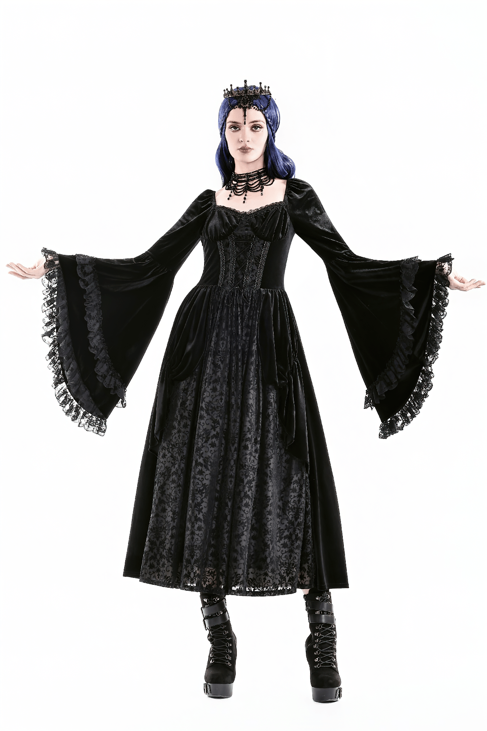 Gothic Victorian Black Velvet Bell Sleeve Midi Dress with corset lace-up front, floral sheer panel and dramatic bell sleeves