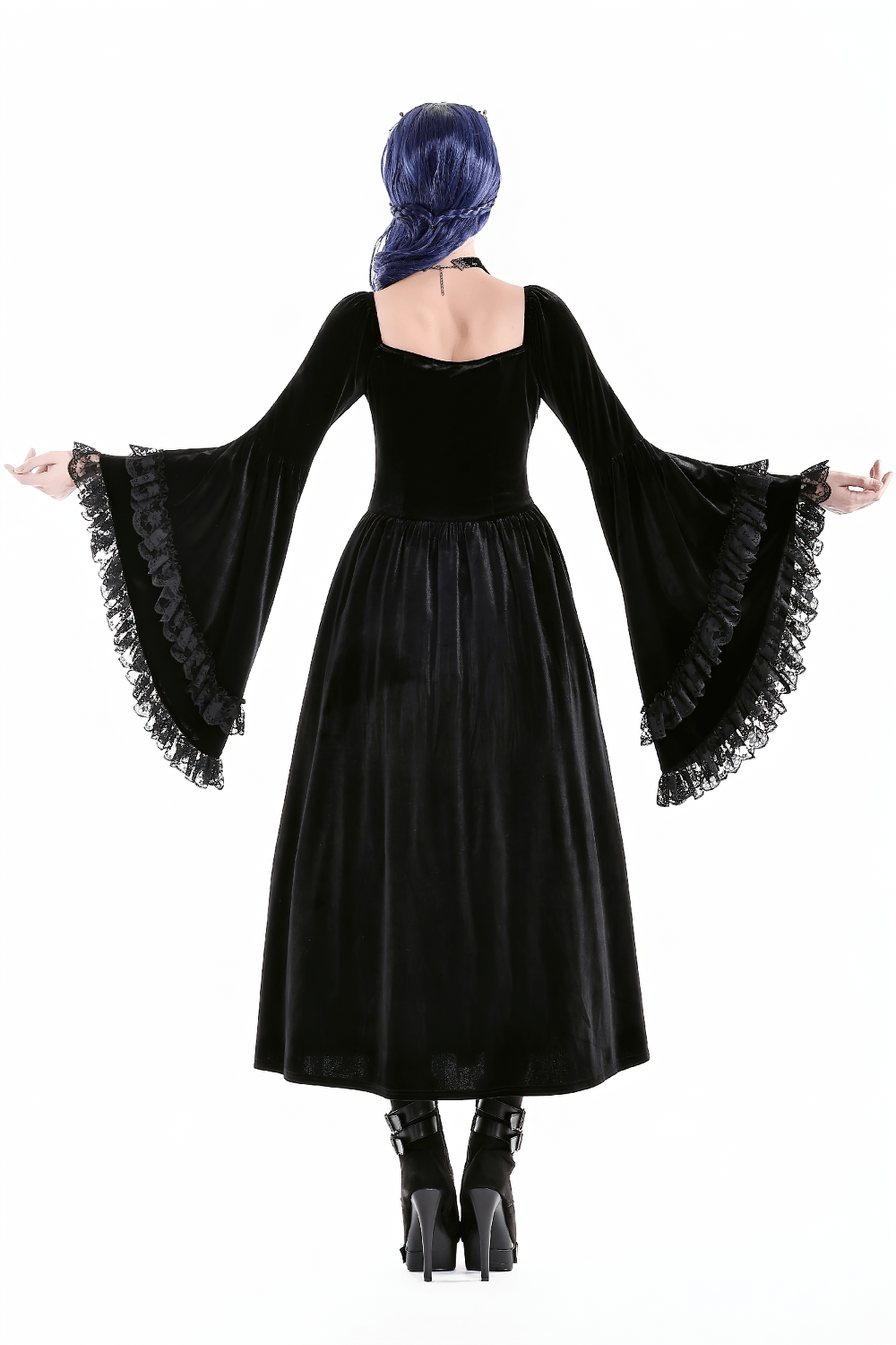 Gothic Victorian Black Velvet Bell Sleeve Midi Dress with square neckline, lace ruffles, and flowing dark romantic silhouette