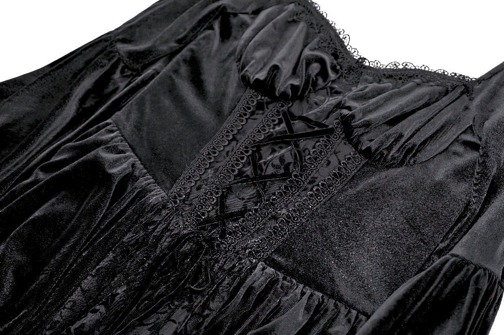 Gothic Victorian Black Velvet Bell Sleeve Midi Dress with corset lace-up front and dramatic lace ruffles