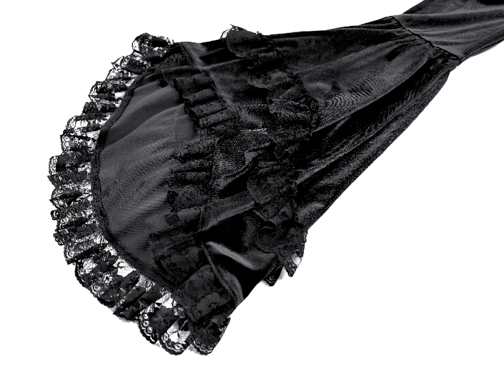 Gothic Victorian Black Velvet Bell Sleeve Midi Dress with lace ruffles, corset front, and dramatic dark romantic details