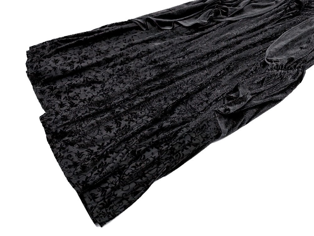Gothic Victorian Black Velvet Bell Sleeve Midi Dress, black velvet with floral lace texture and dramatic Victorian flair