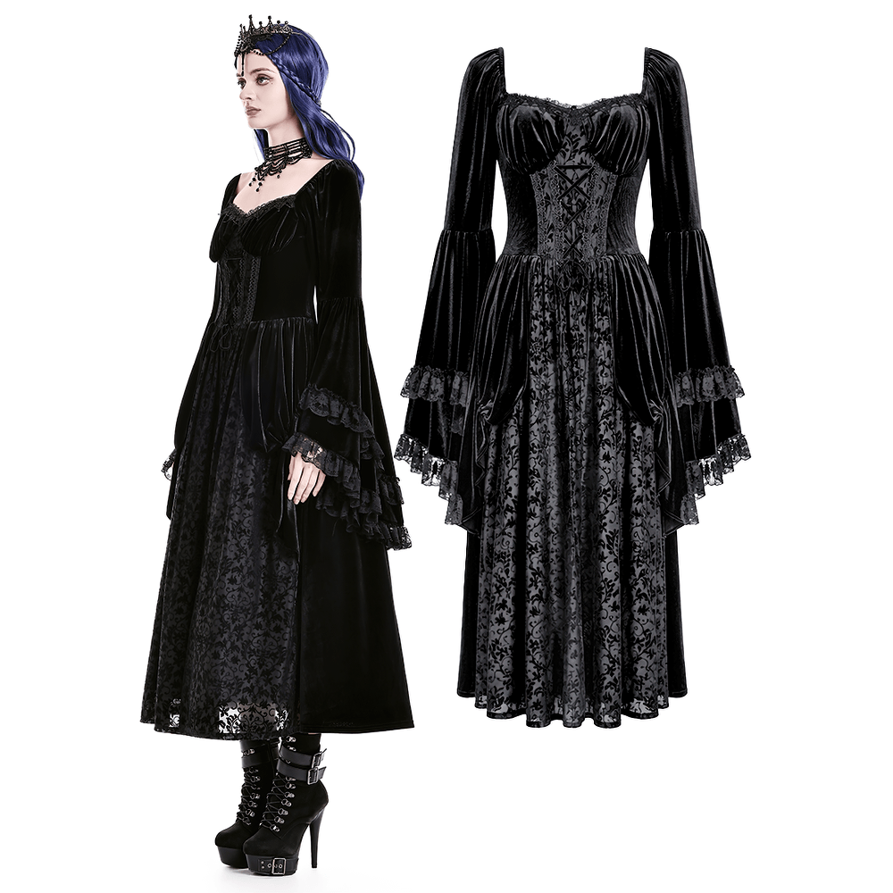 Gothic Victorian Black Velvet Bell Sleeve Midi Dress, black square neckline corset lace-up gown with lace ruffle sleeves