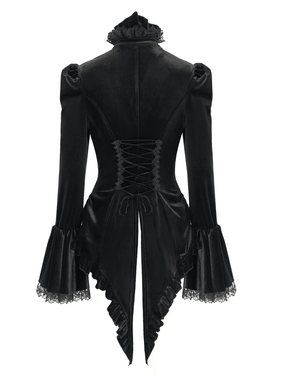 Back view of a Gothic Victorian black velvet blouse featuring lace-up details and ruffled sleeves.