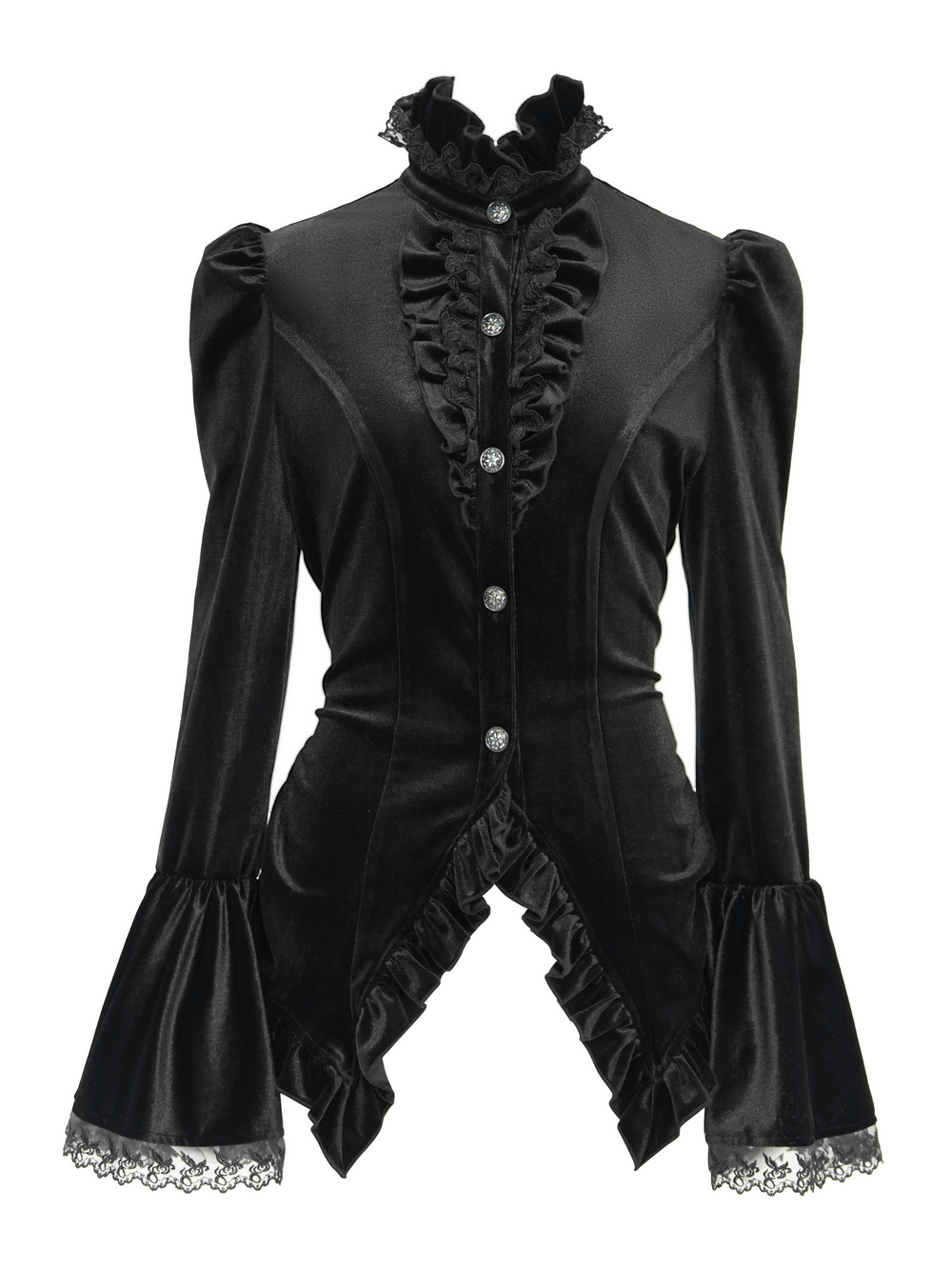 Gothic Victorian black velvet blouse with lace accents and ruffled collar for dramatic elegance.