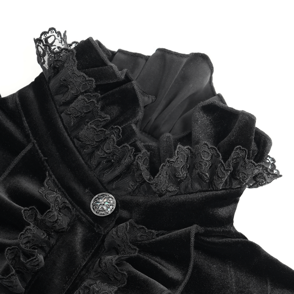 Gothic Victorian black velvet blouse featuring ruffled collar and lace details, perfect for dramatic fashion lovers.