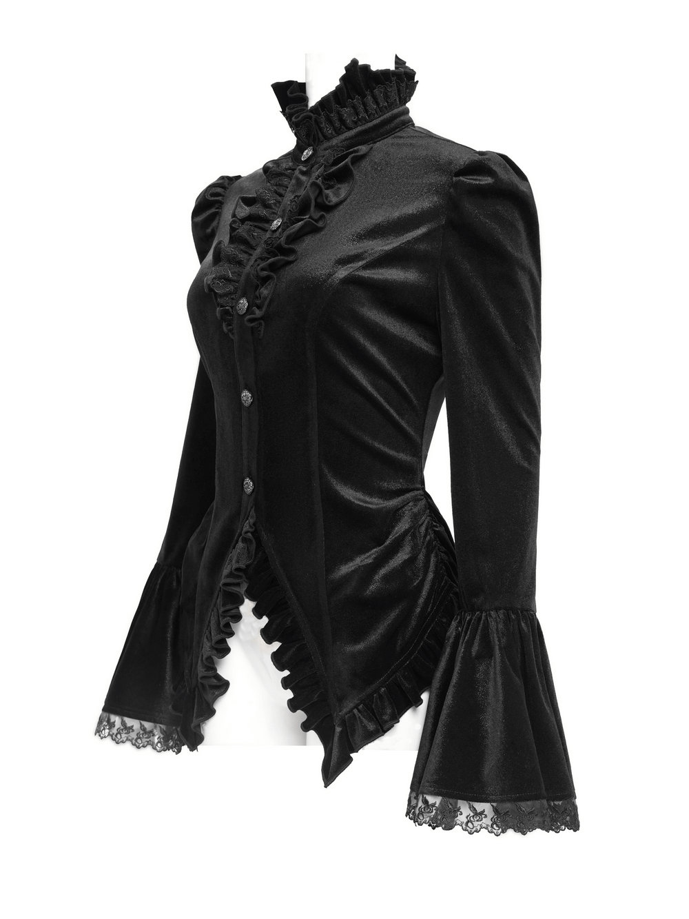 Gothic Victorian black velvet blouse with ruffled collar and lace accents, perfect for elegant Gothic fashion.