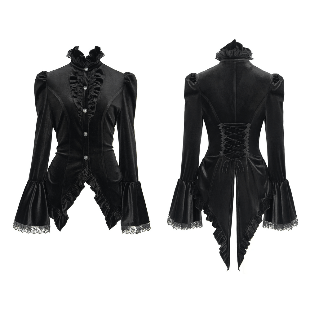 Gothic Victorian black velvet blouse with lace trim and ruffled accents, showcasing a lace-up back.