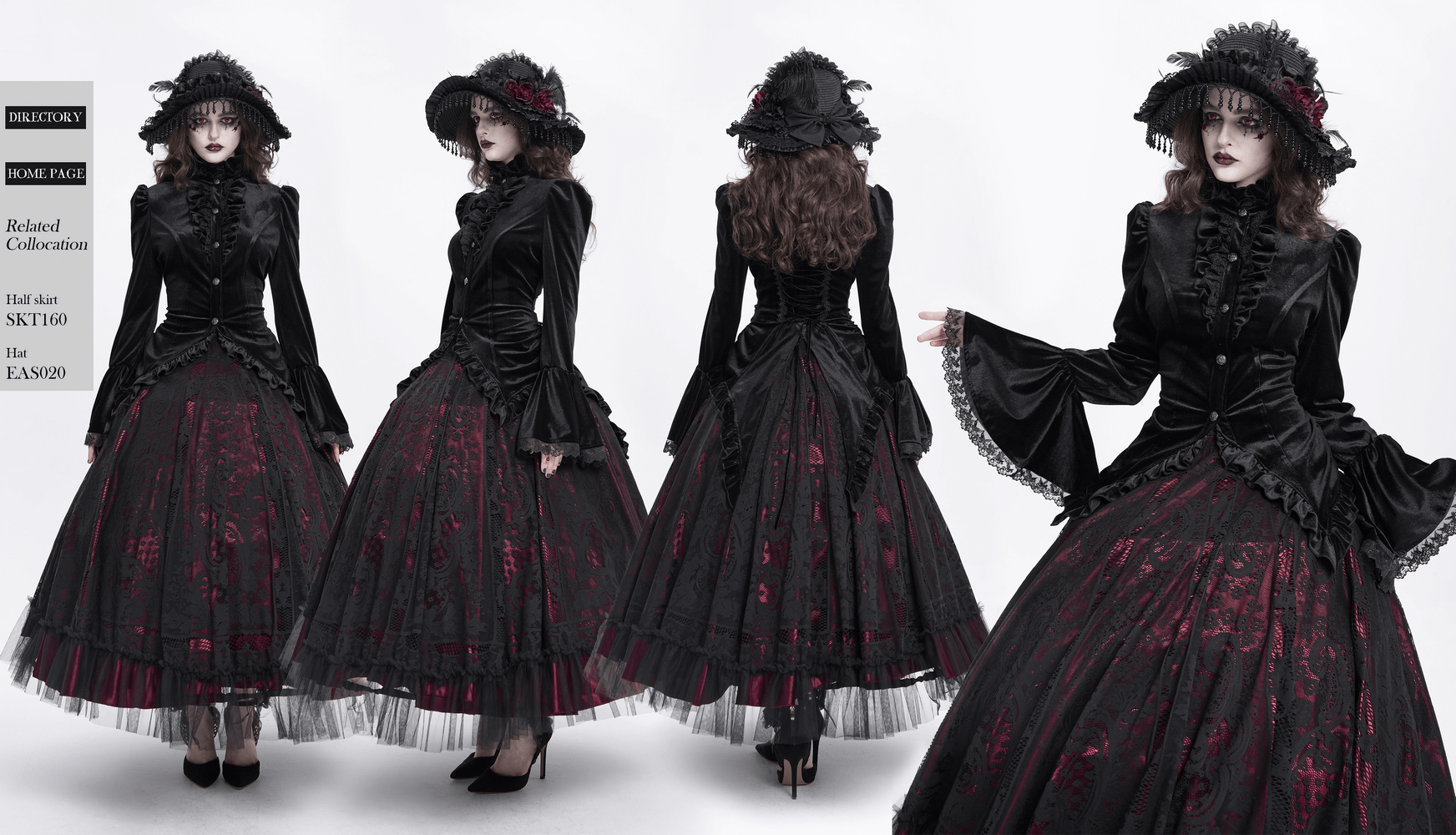 Gothic Victorian black velvet blouse with lace details, model showcasing elegant outfit from different angles.