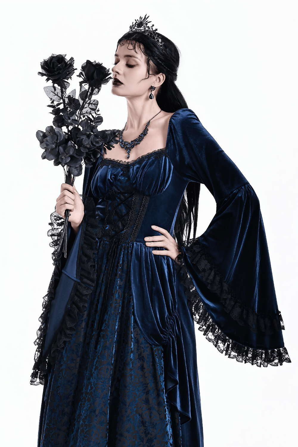 Gothic Victorian Blue Velvet Corset Lace Midi Dress