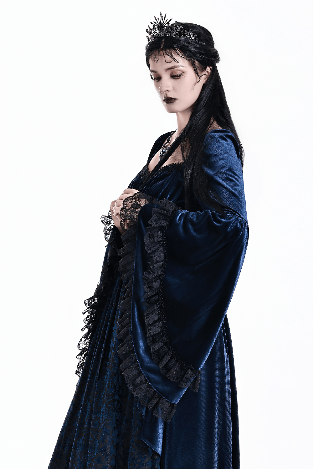 Gothic Victorian Blue Velvet Corset Lace Midi Dress
