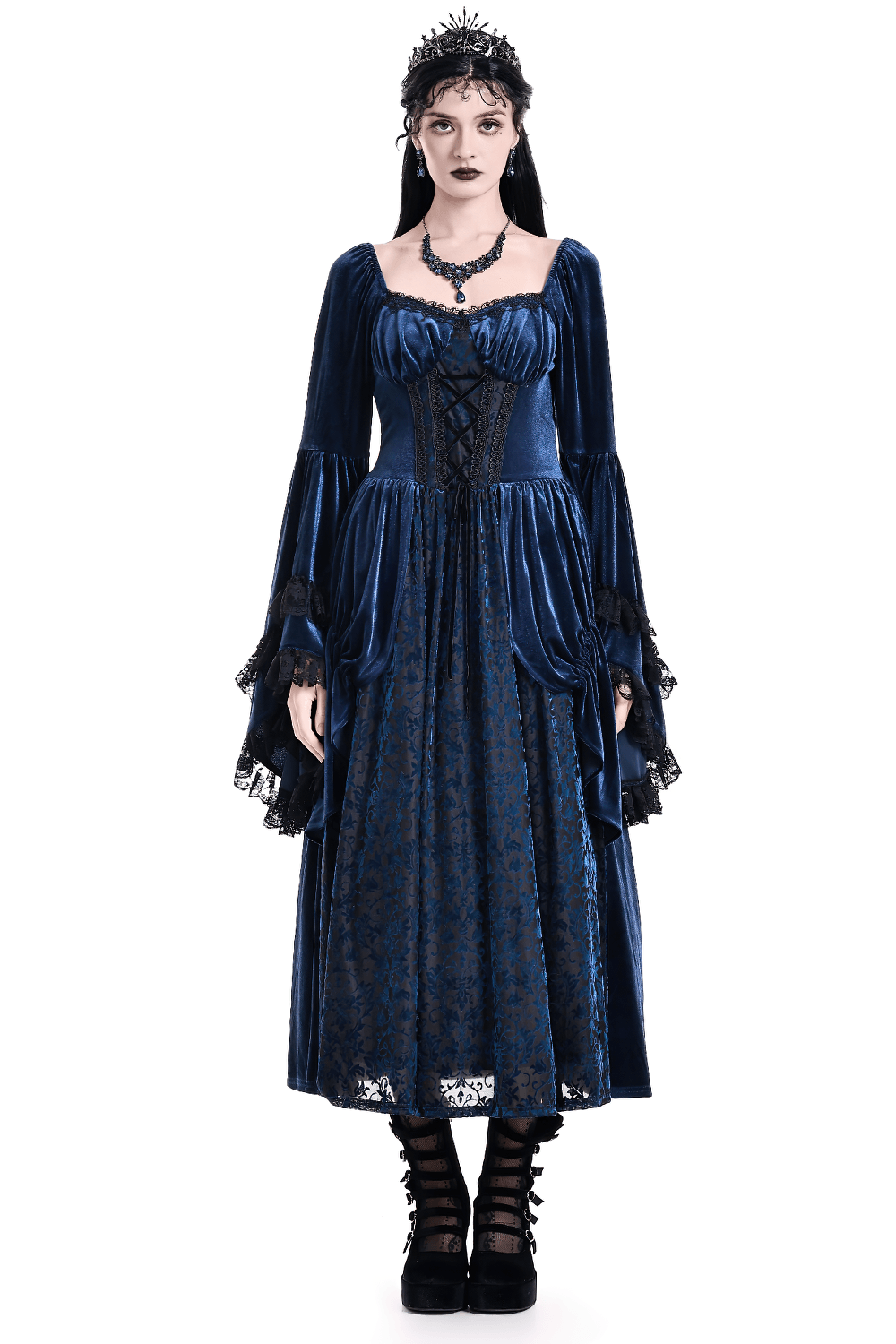 Gothic Victorian Blue Velvet Corset Lace Midi Dress