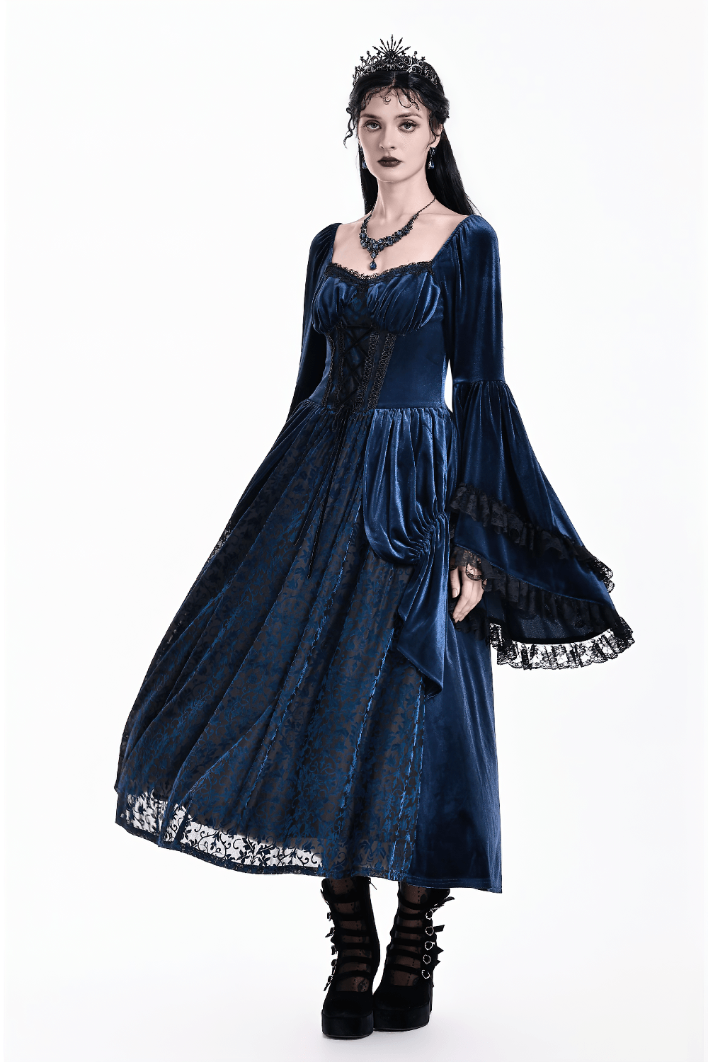 Gothic Victorian Blue Velvet Corset Lace Midi Dress