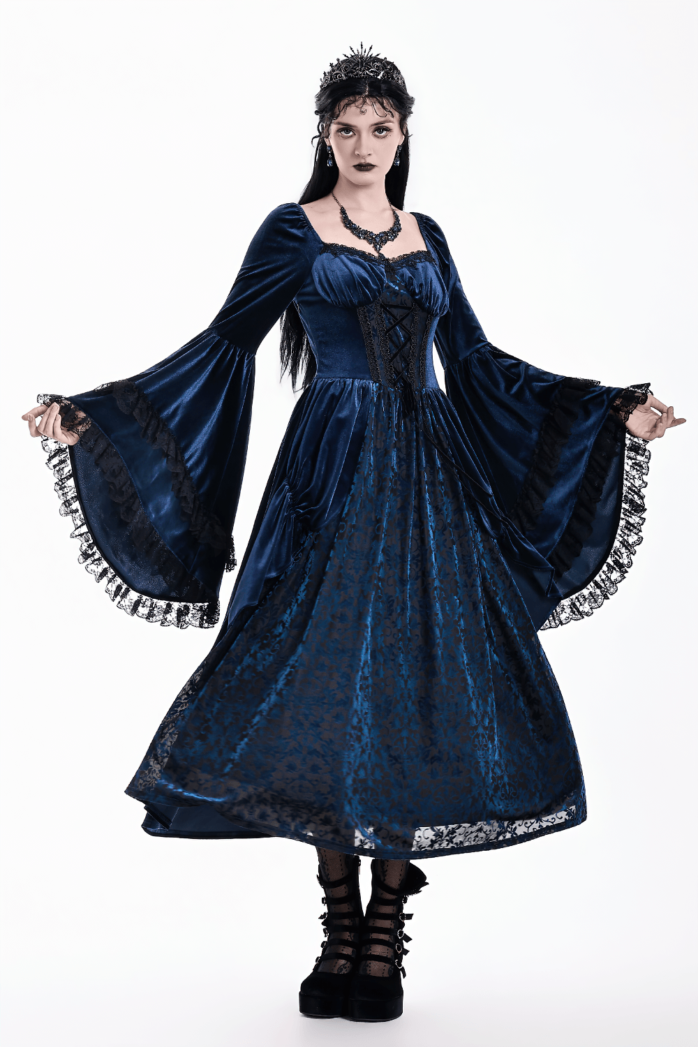Gothic Victorian Blue Velvet Corset Lace Midi Dress
