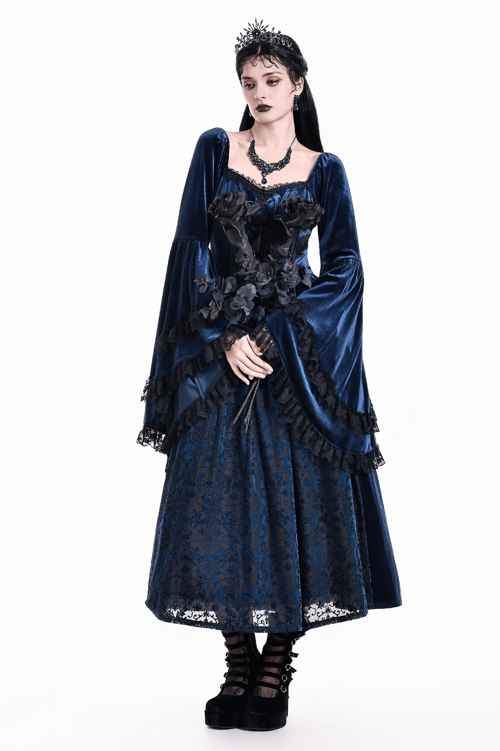 Gothic Victorian Blue Velvet Corset Lace Midi Dress