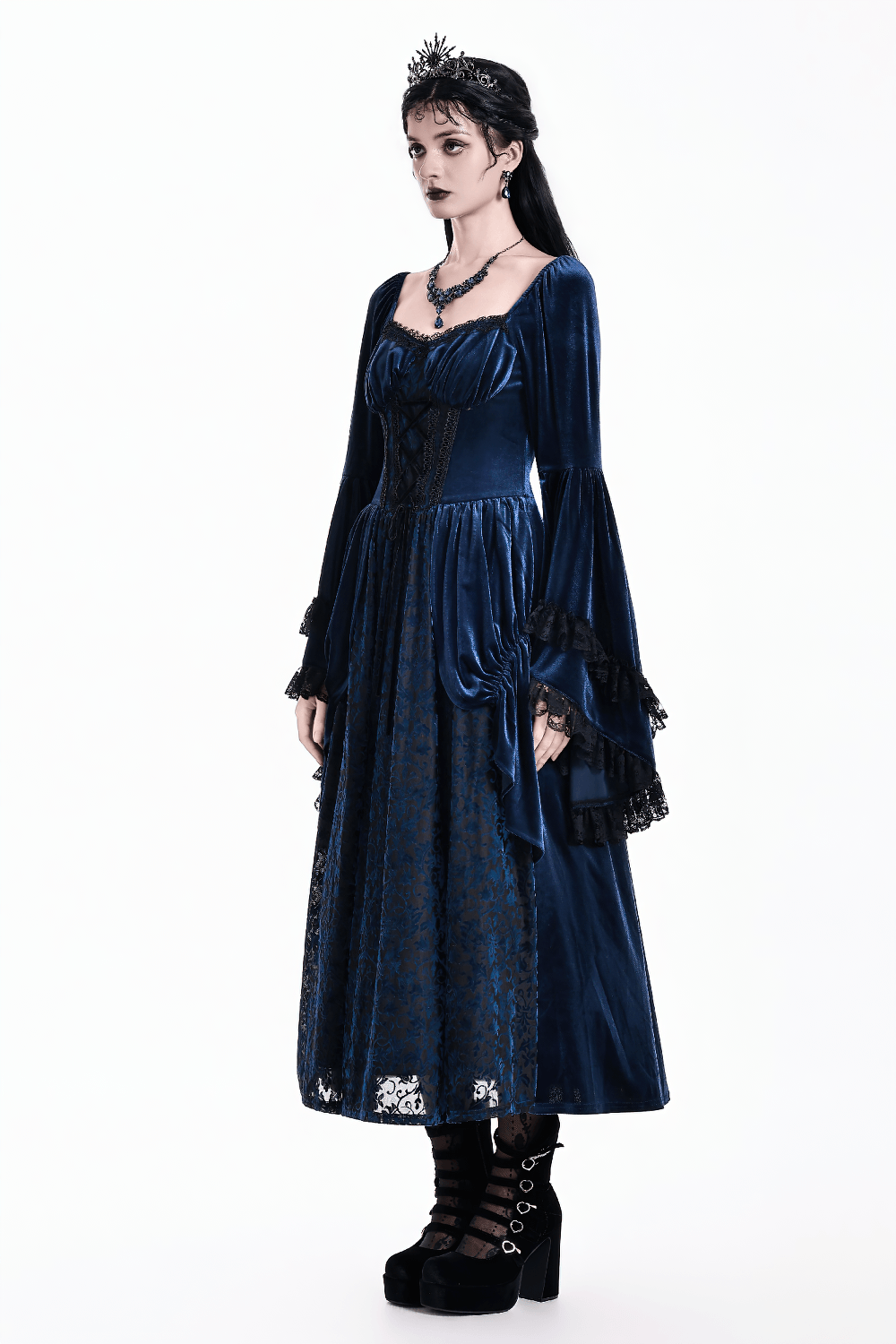 Gothic Victorian Blue Velvet Corset Lace Midi Dress