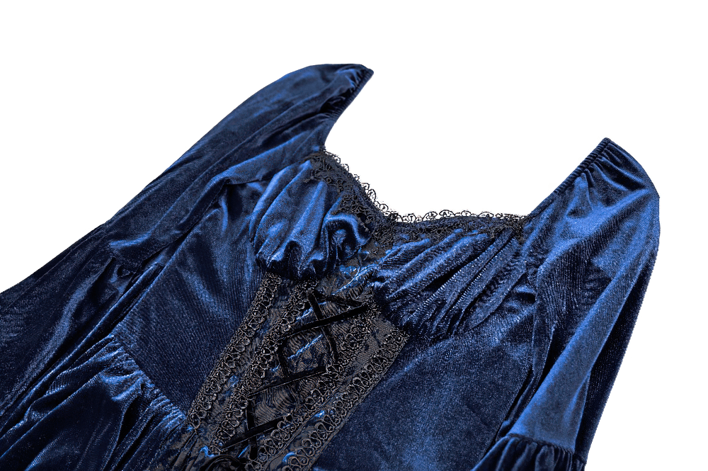Gothic Victorian Blue Velvet Corset Lace Midi Dress