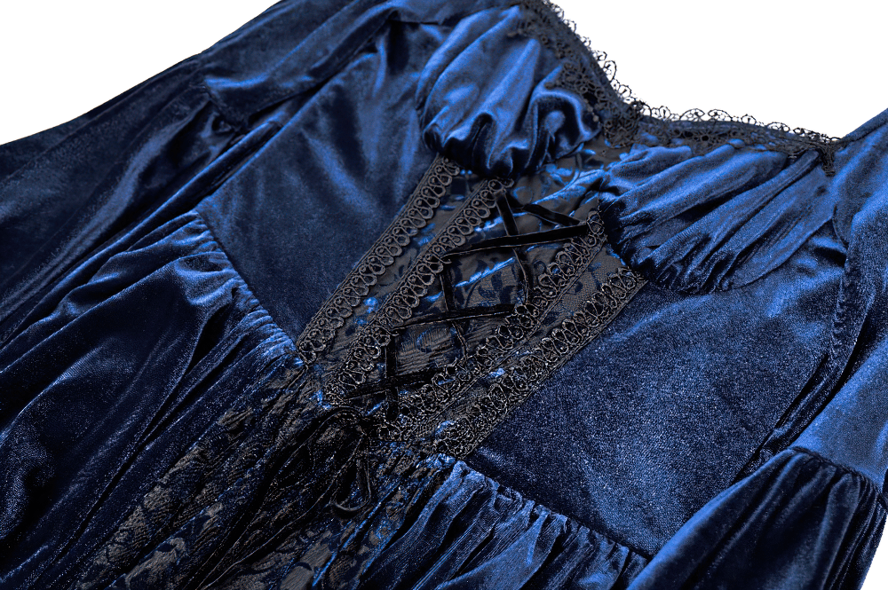 Gothic Victorian Blue Velvet Corset Lace Midi Dress