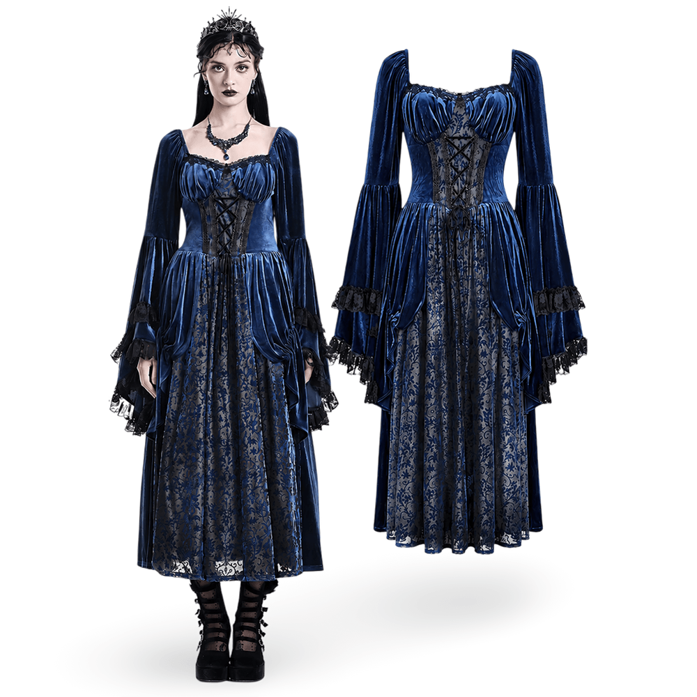Gothic Victorian Blue Velvet Corset Lace Midi Dress