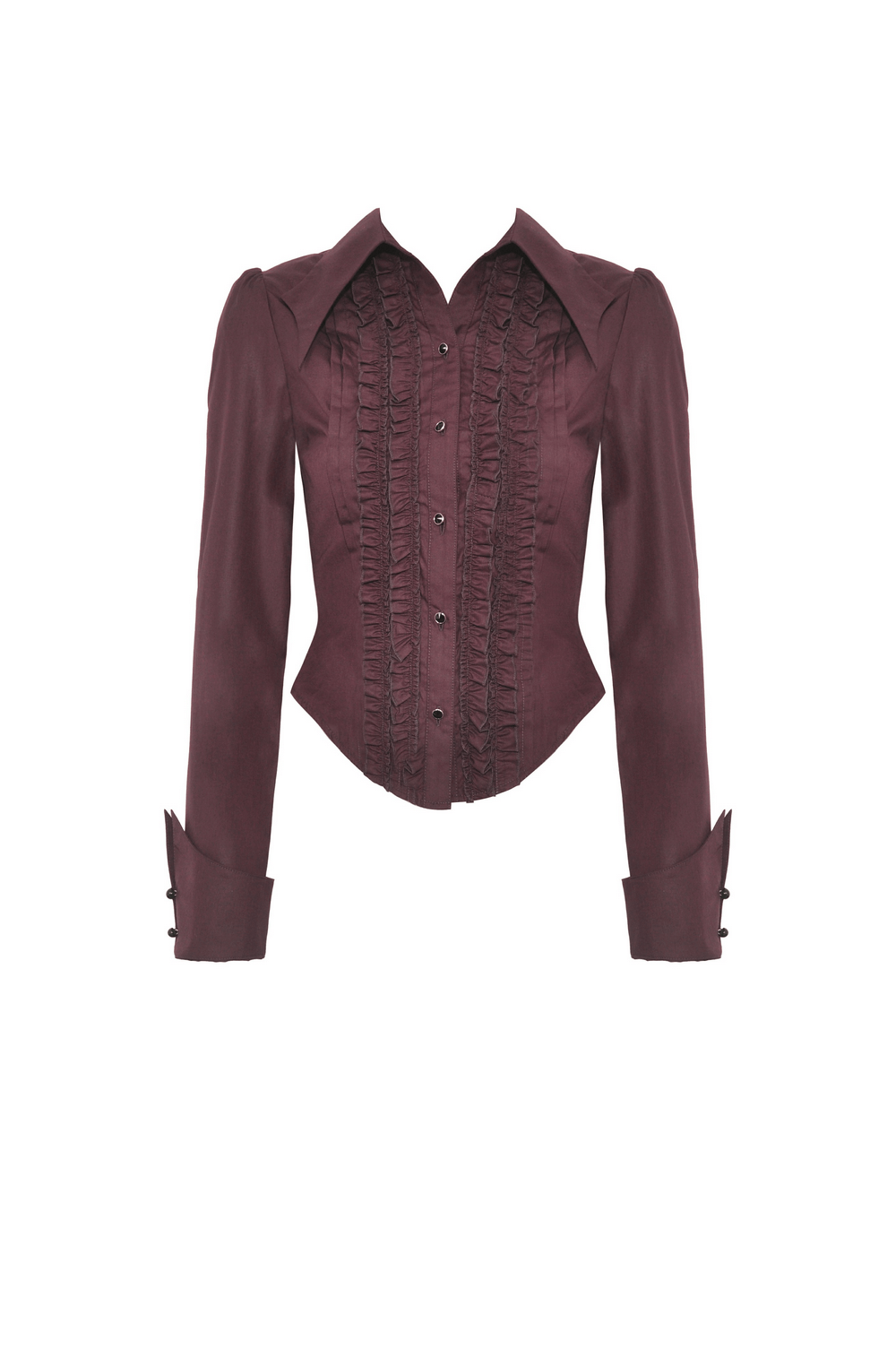 Gothic Victorian burgundy ruffled blouse with lace detail, perfect for vintage lovers and winter fashion.