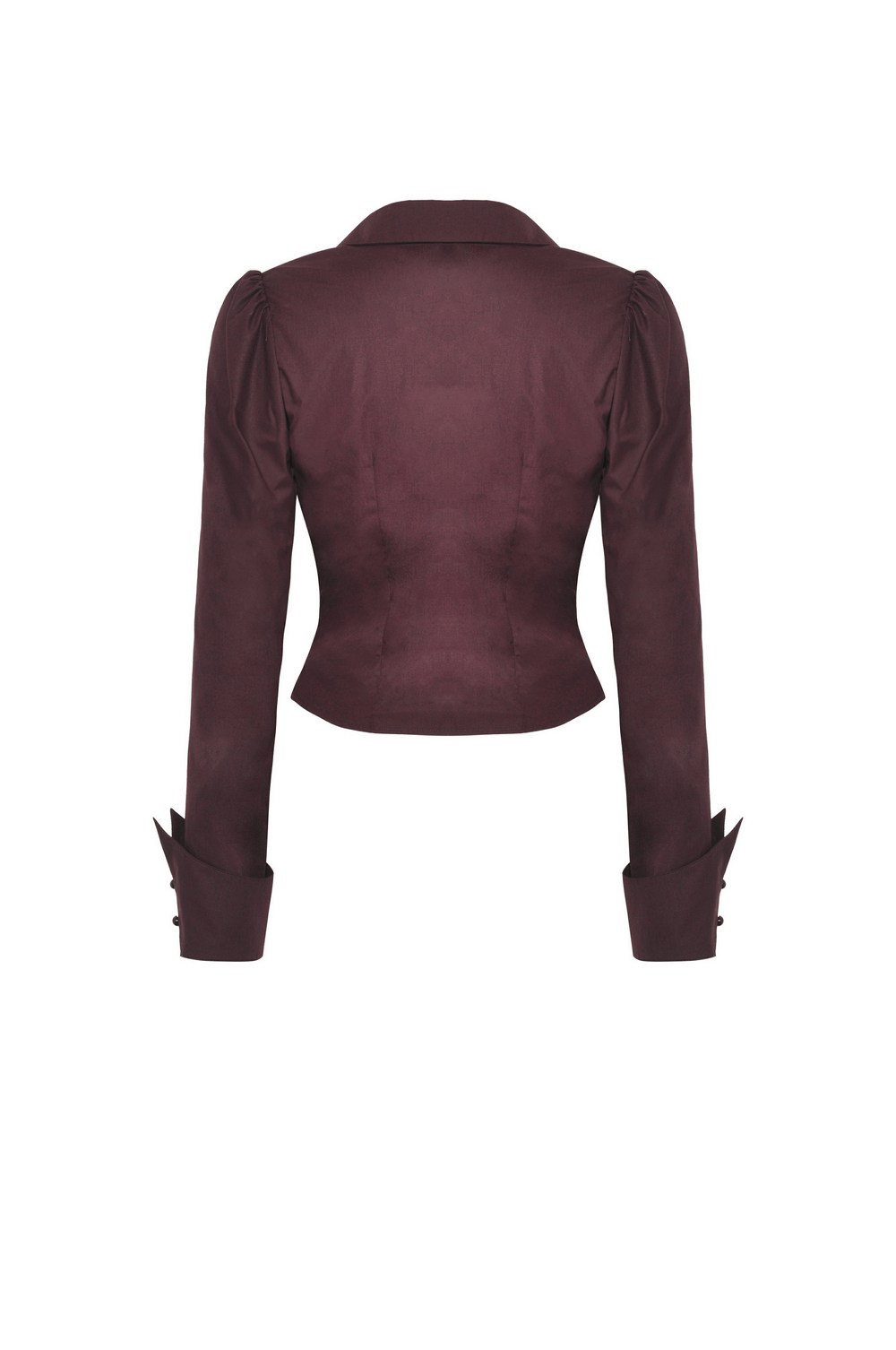 Back view of a Gothic Victorian burgundy ruffled blouse with elegant lace detailing and fitted silhouette.