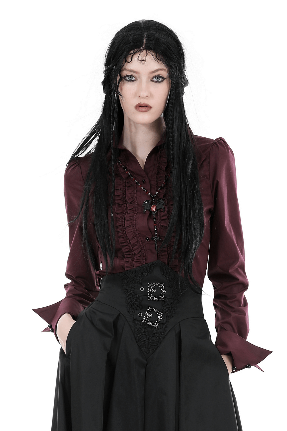 Gothic Victorian Burgundy Ruffled Blouse with Lace Detail