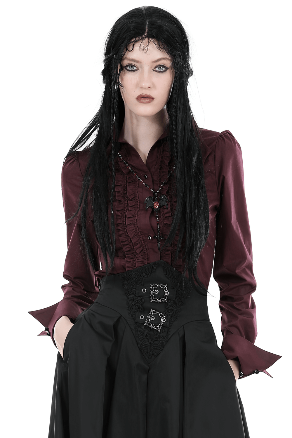 Gothic Victorian burgundy ruffled blouse with lace detail, styled elegantly for a vintage look.
