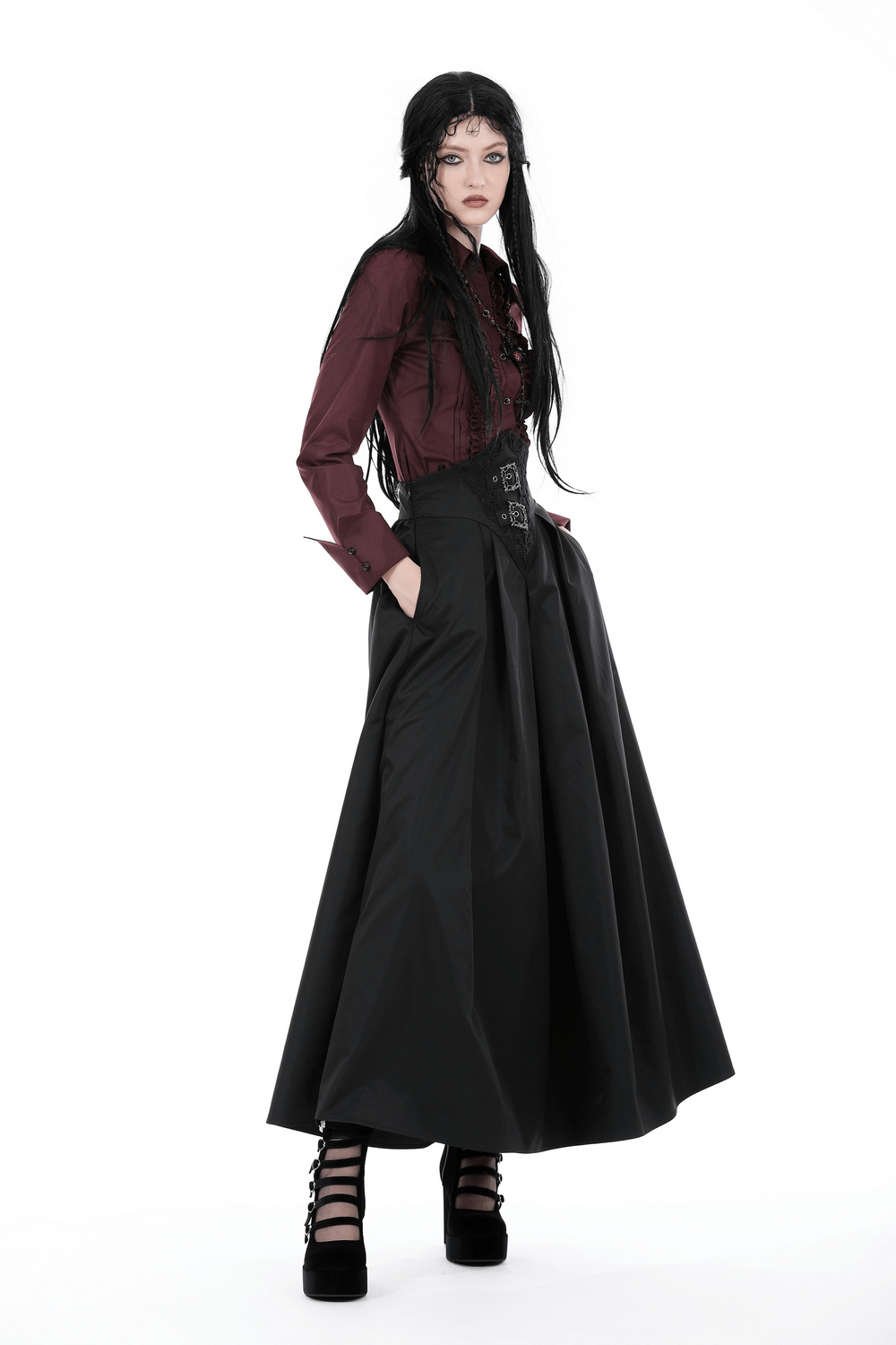 Gothic Victorian burgundy ruffled blouse paired with a black skirt, embodying vintage charm and modern style.