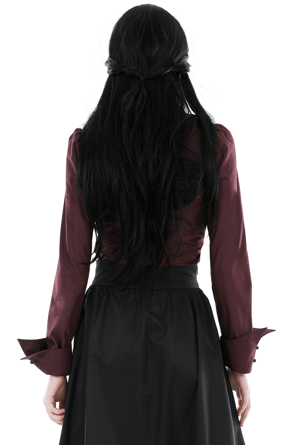 Back view of a model in a Gothic Victorian burgundy ruffled blouse, showcasing the elegant lace details and stylish design.