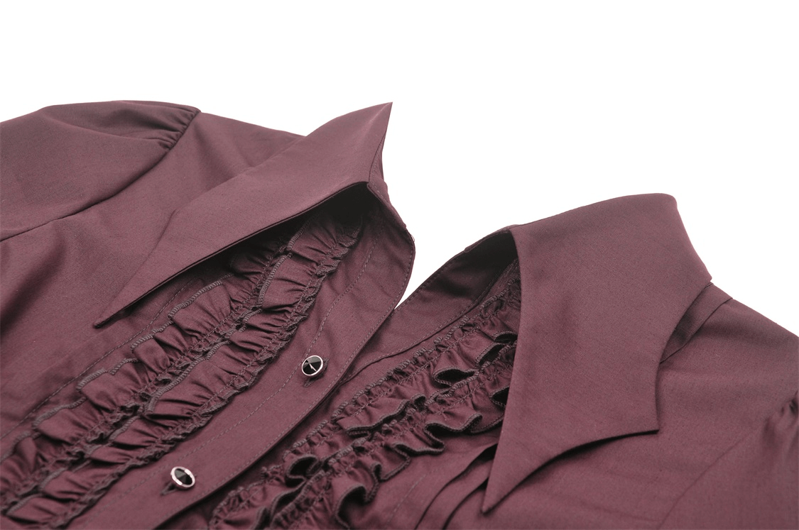 Gothic Victorian burgundy blouse featuring intricate ruffles and a stylish collar, perfect for vintage-inspired fashion.