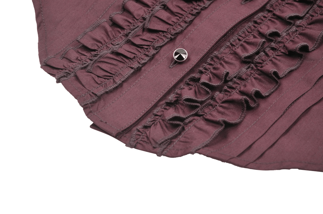 Close-up of Gothic Victorian burgundy blouse showcasing intricate ruffles and elegant lace detailing.