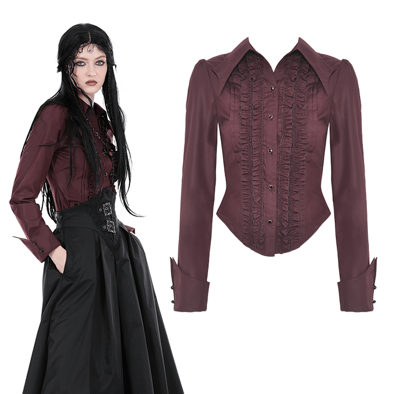 Gothic Victorian burgundy blouse with intricate ruffles and lace detail, perfect for winter outings and themed events.