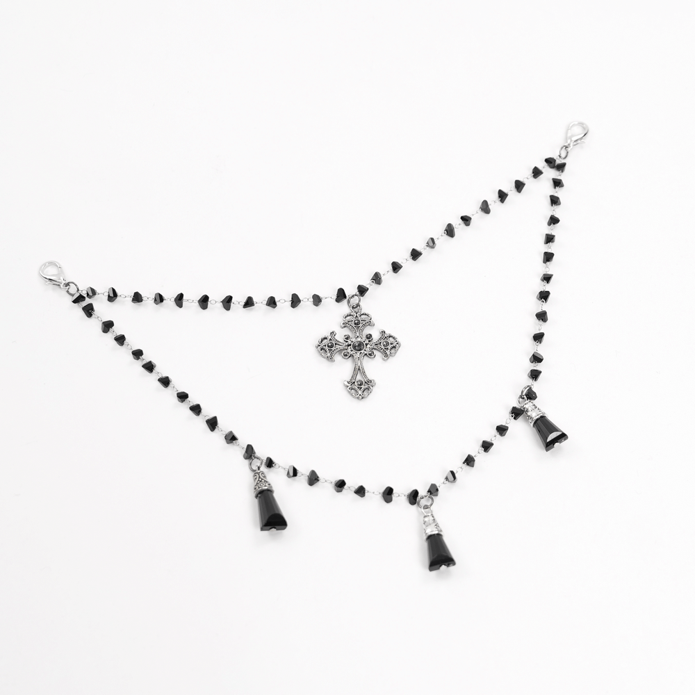 Gothic black beaded necklace with cross and bell charms, perfect for a dark romantic look or steampunk outfits.