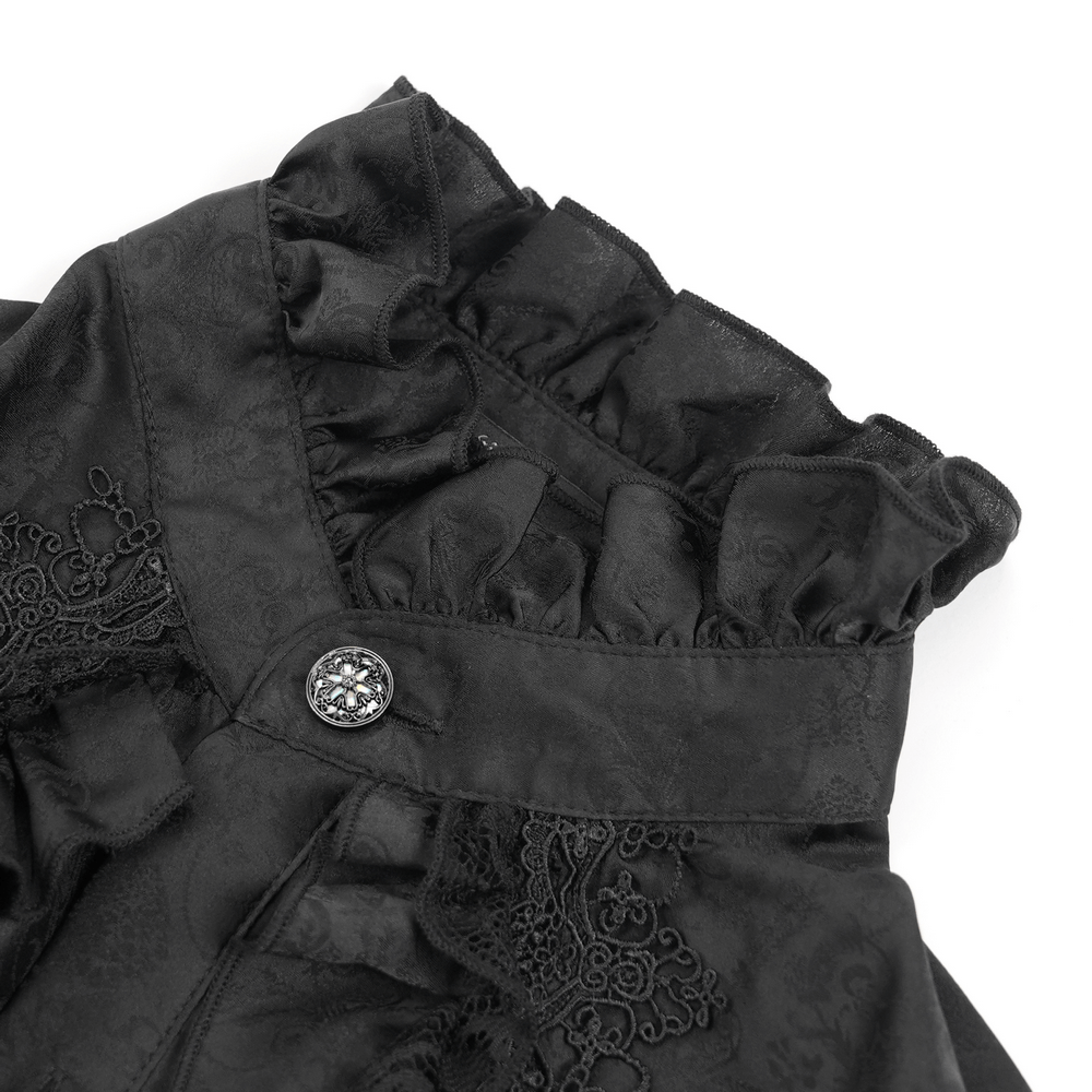 Close-up of Gothic Victorian high neck shirt showing ruffled collar, lace accents, and ornate button detail.