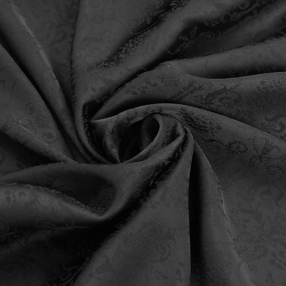 Luxurious black fabric with intricate design, perfect for gothic and Victorian-inspired clothing.