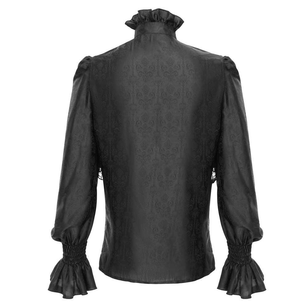 Back view of Gothic Victorian high neck shirt with ruffle sleeves and elegant lace accents, perfect for dark romantic looks.