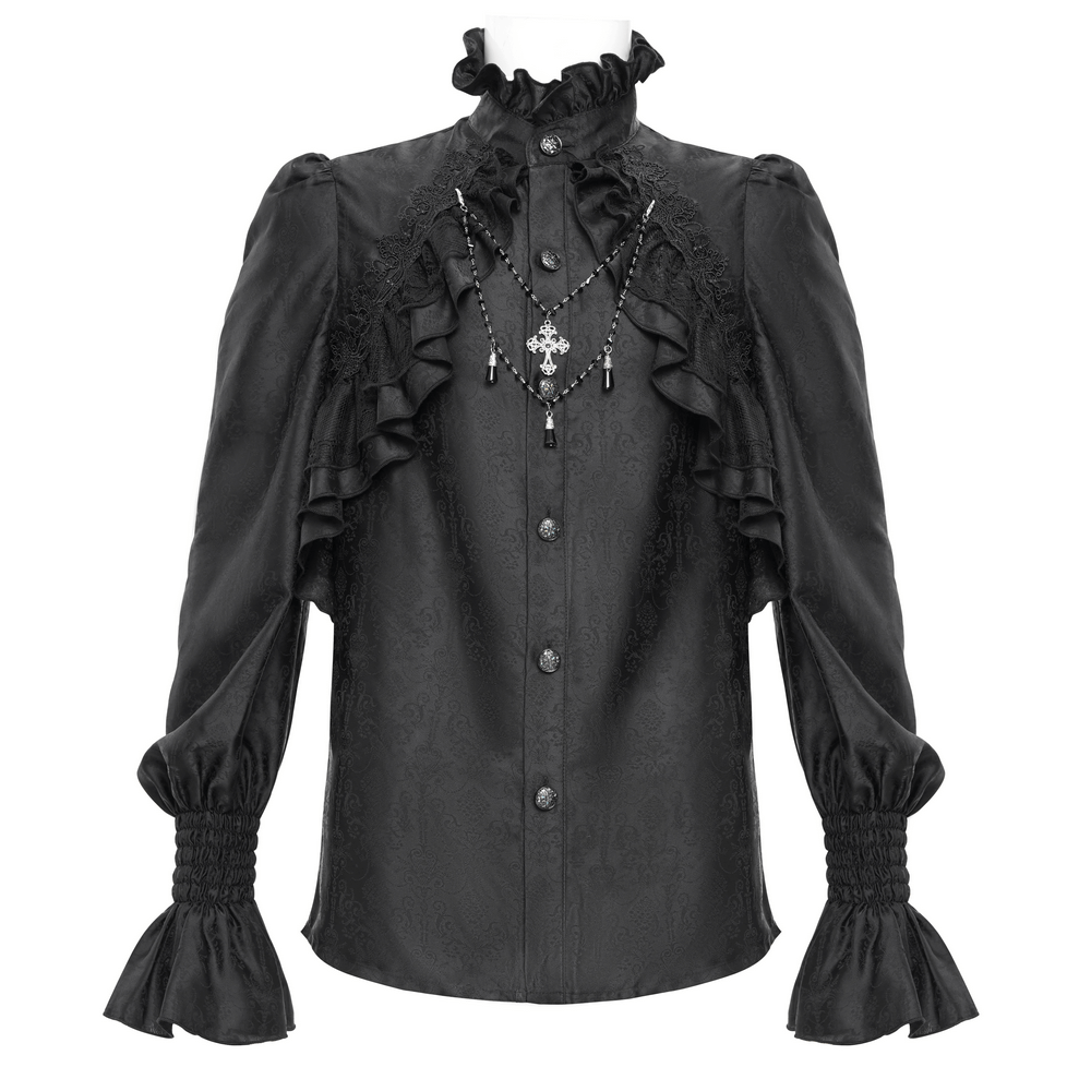 Gothic Victorian high neck shirt with ruffle front and lace accents, perfect for steampunk and goth styles.