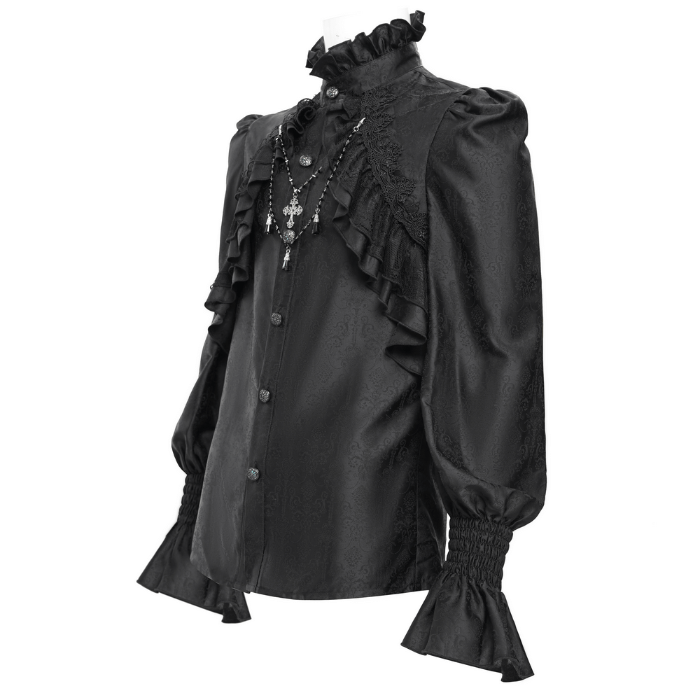 Gothic Victorian high neck shirt with ruffle front, perfect for steampunk and gothic events. Elegant black design and lace accents.