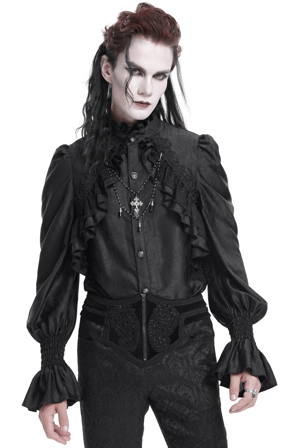 Gothic Victorian high neck ruffle shirt on model, showcasing dark romanticism and intricate lace details.