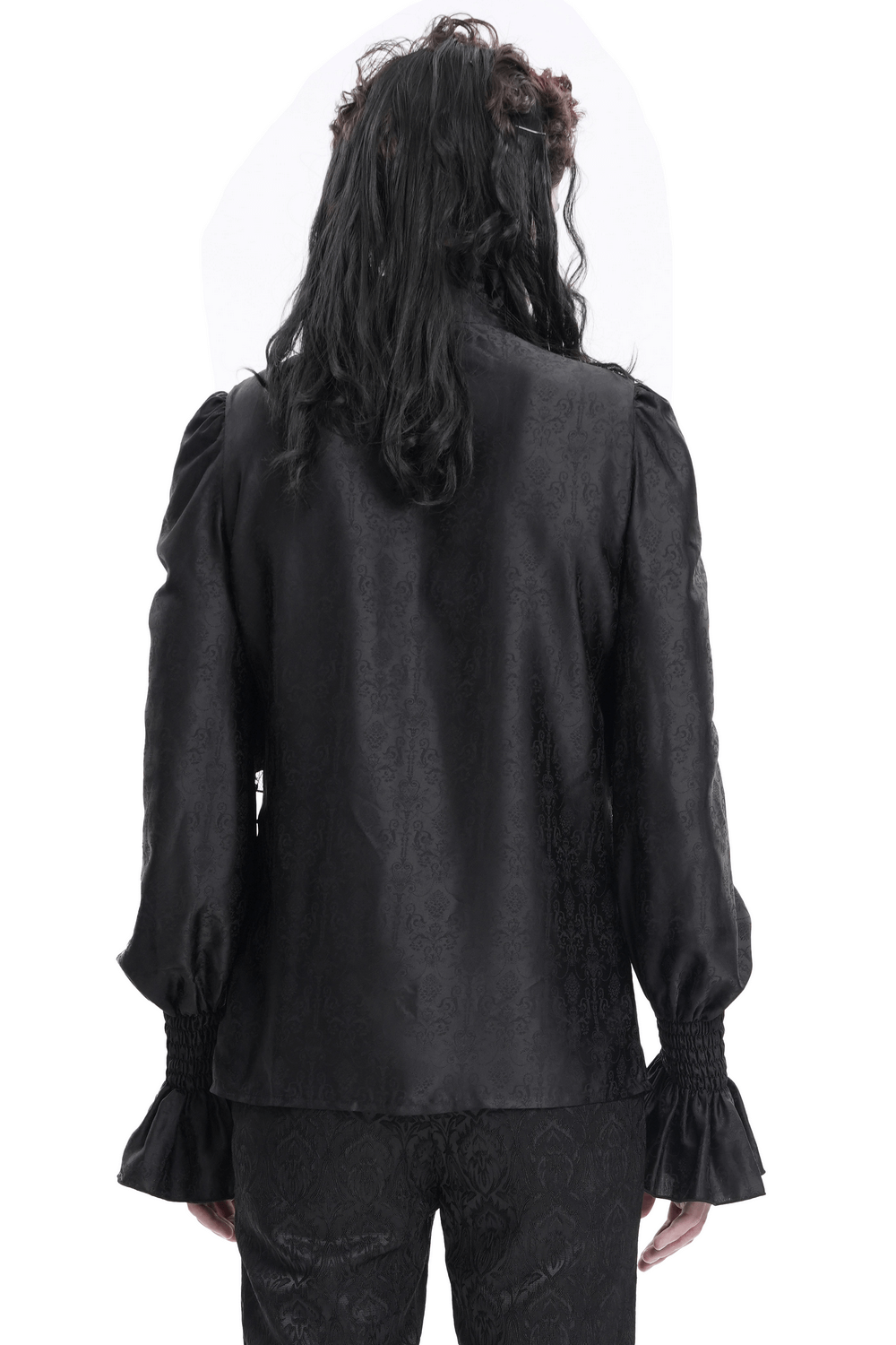 Back view of a gothic Victorian black shirt with ruffle sleeves and fitted design, perfect for dark romantic styles.