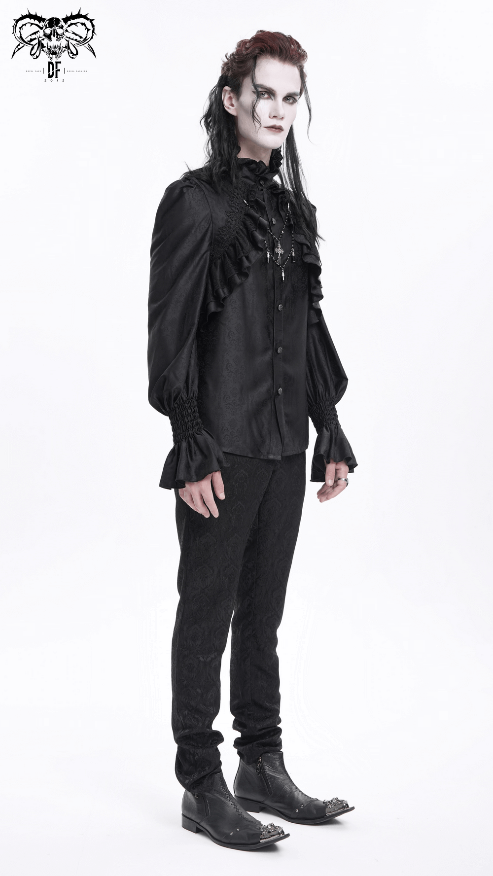 Gothic Victorian high neck shirt with ruffle front, black, worn by a model with dark makeup and styled hair.